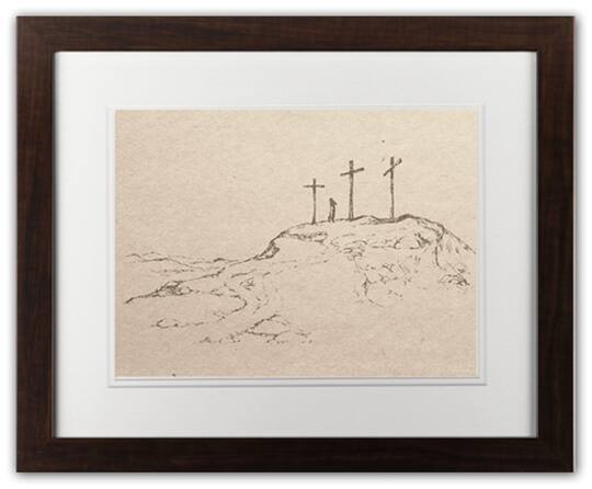 Crosses On Hill Sketch 5 11" x 14" Walnut Framed Print Under Plexiglass